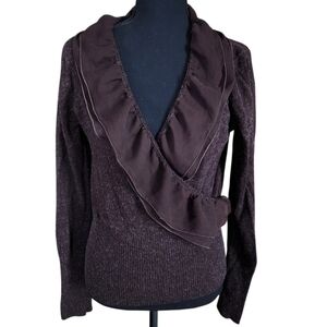 SAGA Romantic Cashmere Blend Ruffle Coquette Deep V Faux Wrap Sweater